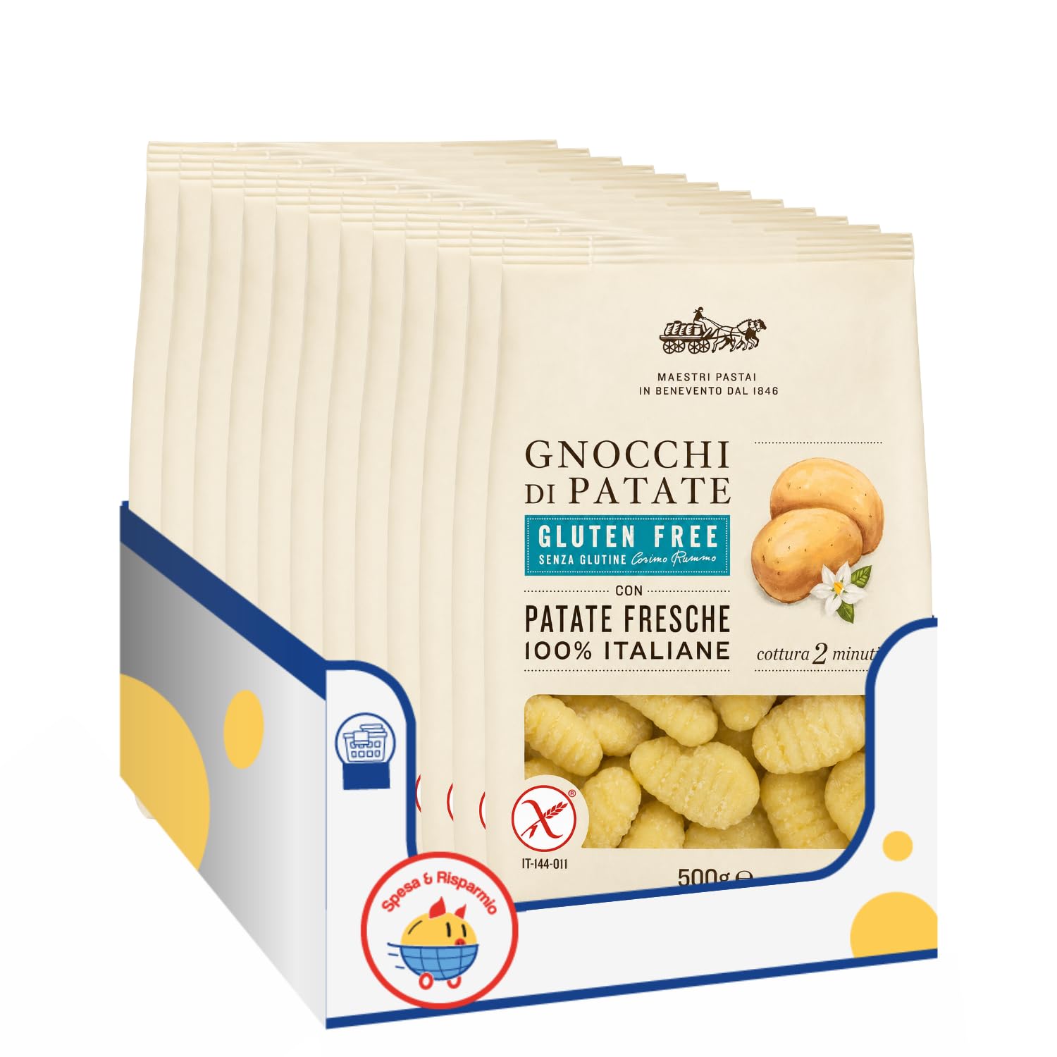 Gnocchi di Patate Senza Glutine, 500 g, con Patate Fresche 100% Italiane, Pasta Fresca Gluten Free, Cottura in 2 Minuti, Confezione Multipla da 4/8/12 Pezzi (12 PEZZI)