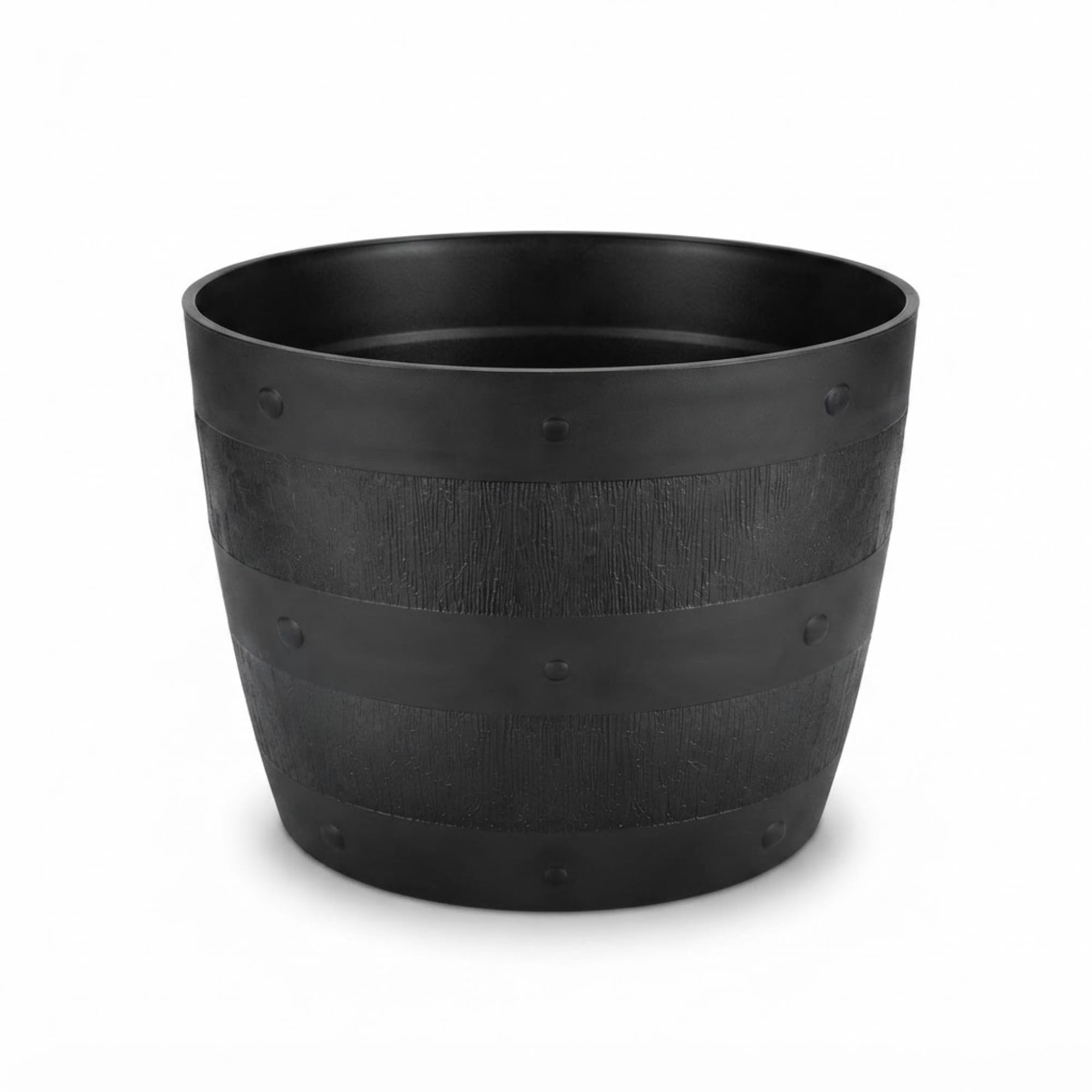 Khanary - Half Barrel Plastic Round Whisky Plant Pot 34cm - No Drainage Holes Indoor & Outdoor Planter for Herbs Flowers Patio Garden Terrace Pot - Durable Plant Container 28.5 x 34 x 27cm (1X Black)