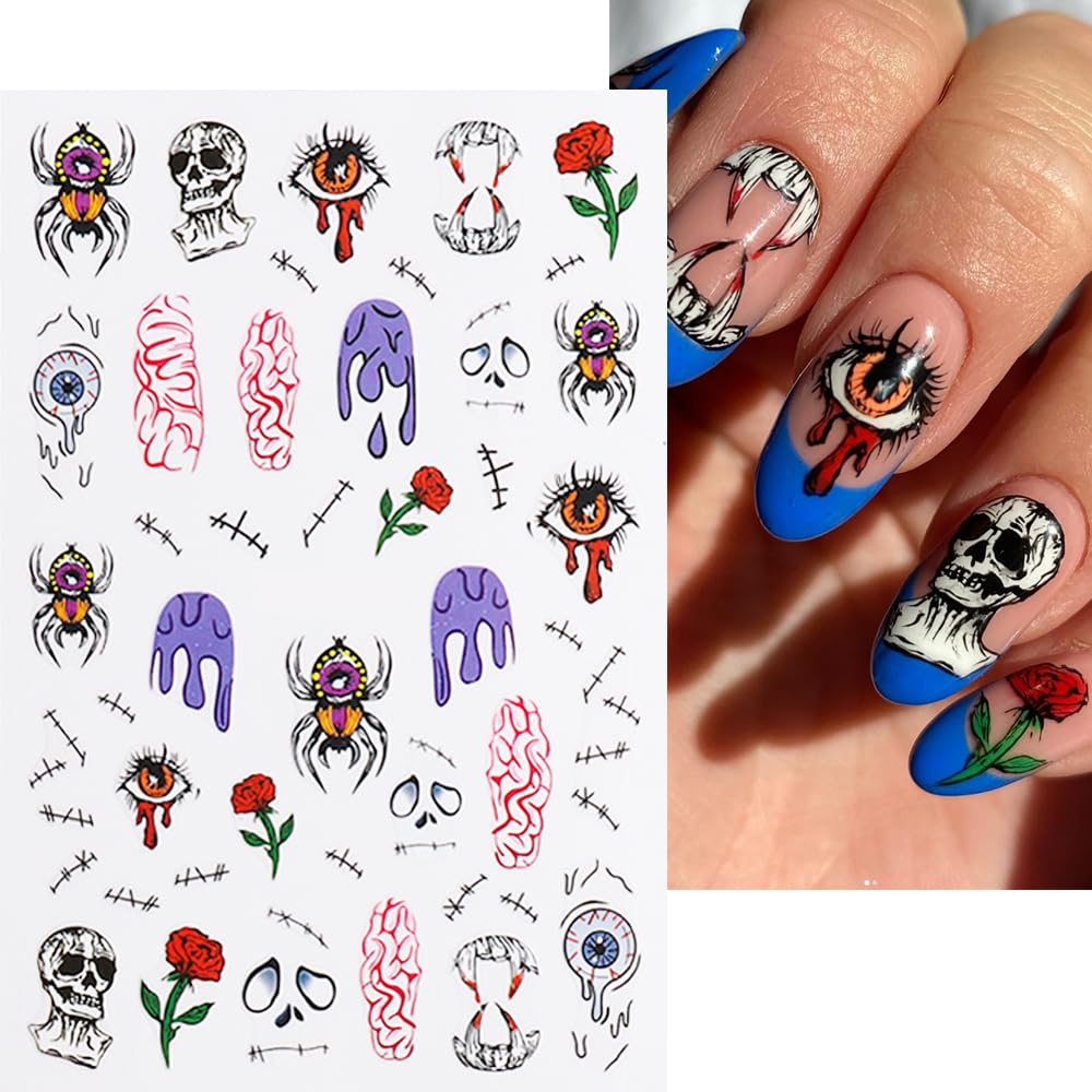 Photo 1 of 6 Sheets Halloween Nail Art Stickers 3D Self Adhesive Nail Decals Skull Spider Web Bat Pumpkin Ghost Nail Design Stickers for Women Girls Halloween Nail Decoration Accessories Charms DIY Manicure & 50Pcs Cute Animal Colorful Trippy Frog Stickers,Vinyl Wat