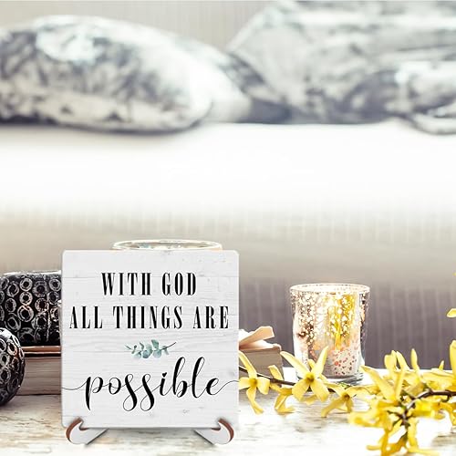 Miniatura 6 de Escritura bíblica cristiana con Dios Todas las cosas son posibles, decoración rústica de escritorio, letrero de madera, placa religiosa y decorativa