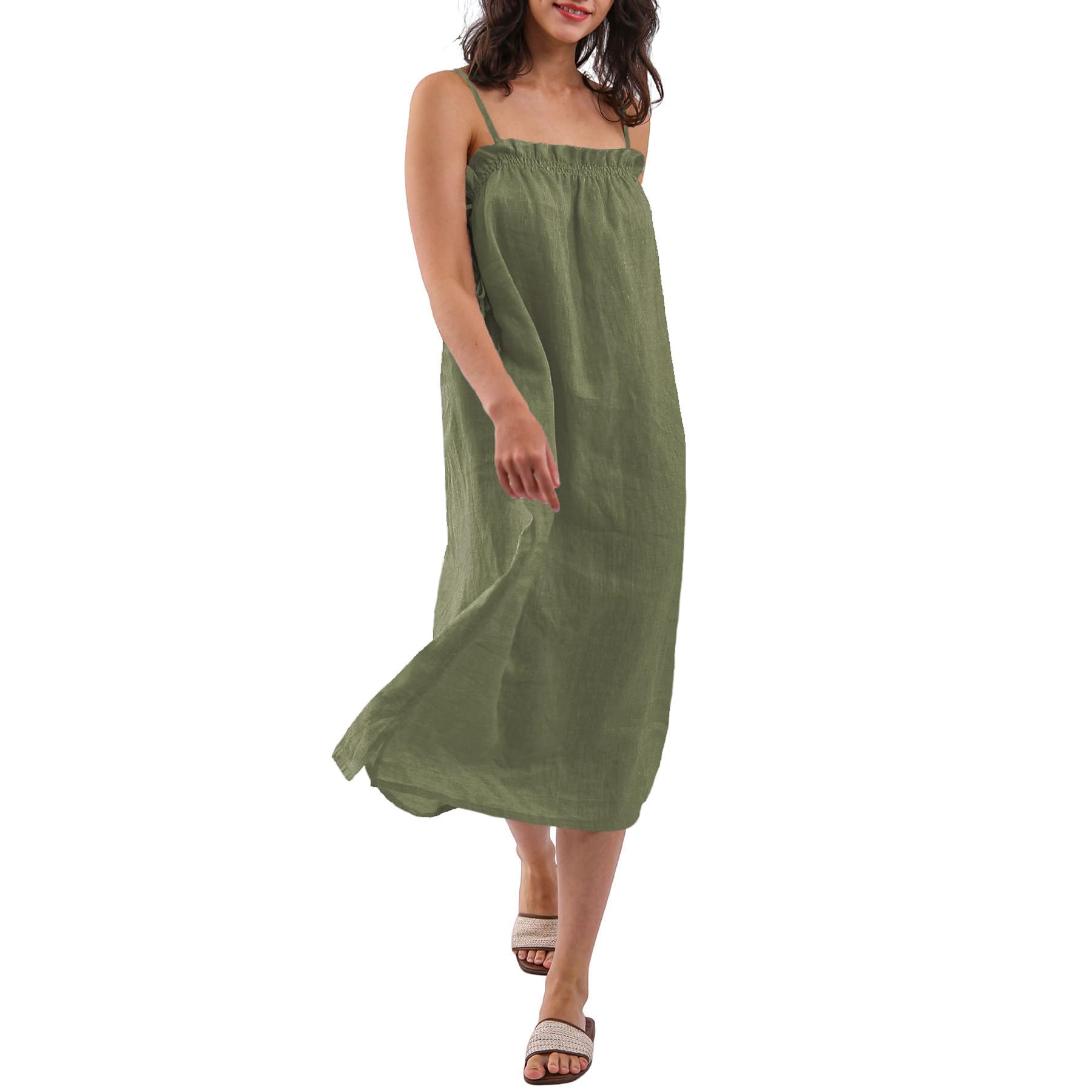 Amazhiyu Robe de plage midi d'été à bretelles spaghetti 100 % lin avec poches pour femme