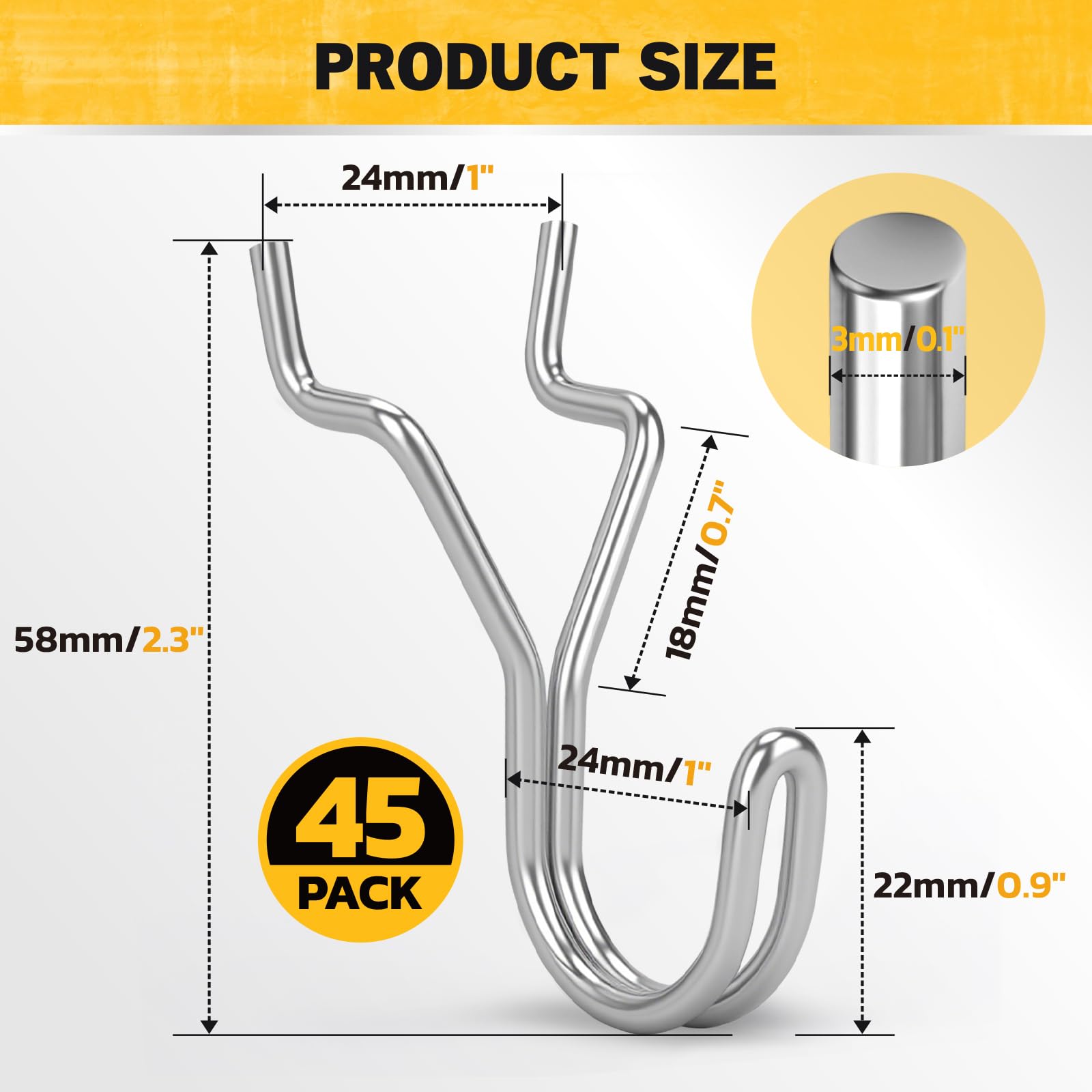 ELEAD 45-Piece Pegboard Hooks J-Hook, Silver J Hooks for Pegboard, Fits 1/8” & 3/16” Pegboards, Heavy Duty Peg Board Hooks for Hanging Keys, Retail Items & Small Tools - 2