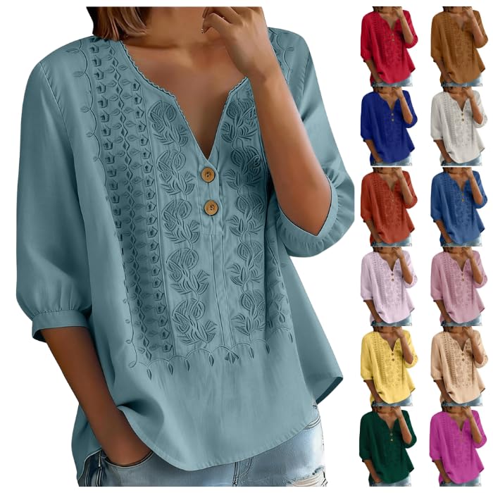 Linen Tops for Women Embroidered Cotton Gauze Shirts Loose Peasant Blouses Dusty Blue L - image 1