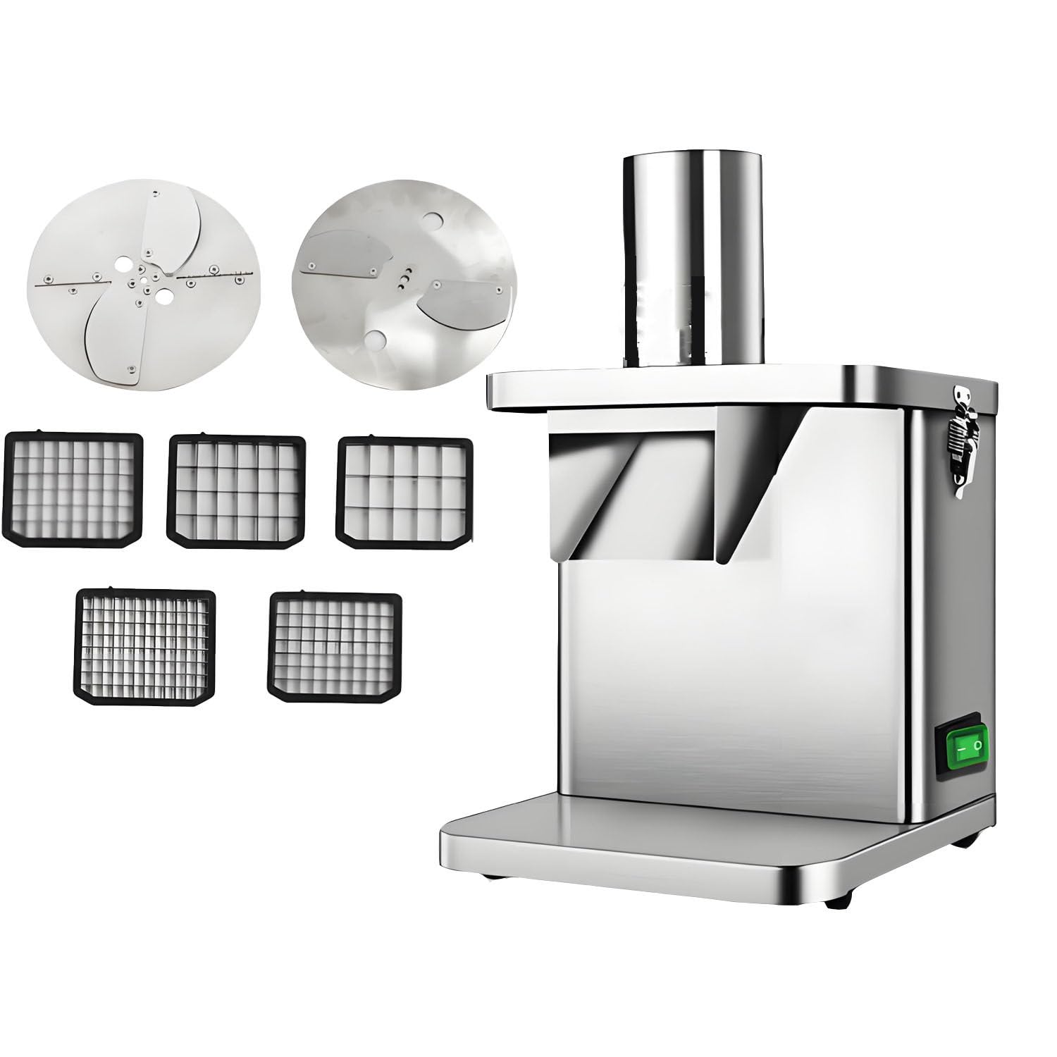 Cortador eléctrico de Verduras y Frutas de 250 W, con Cuchillas y moldes de Corte de 6/8/10/12/15 mm, de Acero Inoxidable, para Uso doméstico o Comercial. 110v