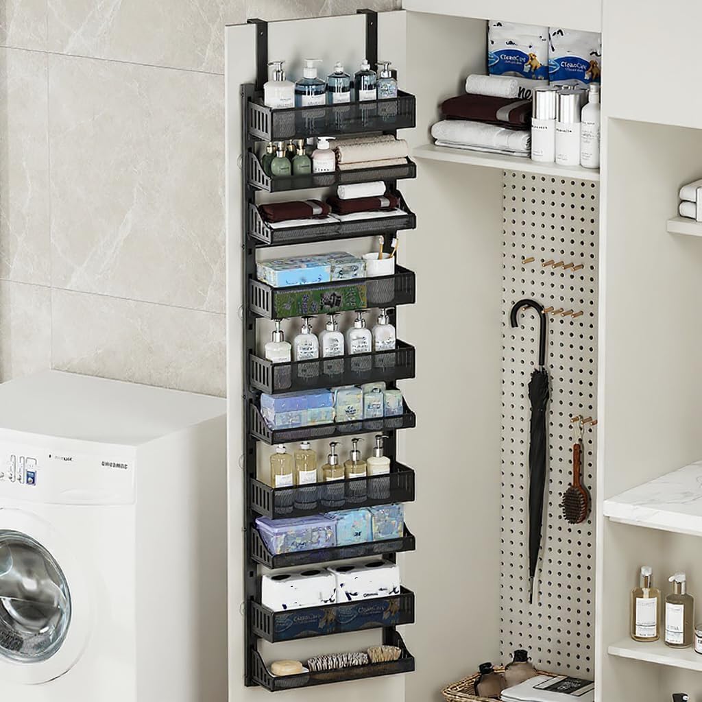 10 Etagen Organizer Für Die Tür Gewürzregal, Türaufbewahrung Speisekammer Tür Hängeregal, Metall Tür Aufbewahrung Mit Haken, Hängeorganizer Für Küche, Speisekammer, Wohnzimmer, 41.5x13x154Cm,(Schwarz)