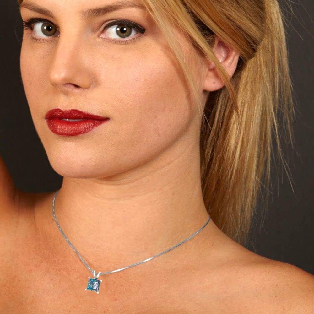 Clara Pucci 1 tcw Solitaire Pendant for Women - Princess Cut Blue Moissanite in 14K White Gold - Womens Birthday Birthstone Necklace with 18" Solid Gold Box Chain