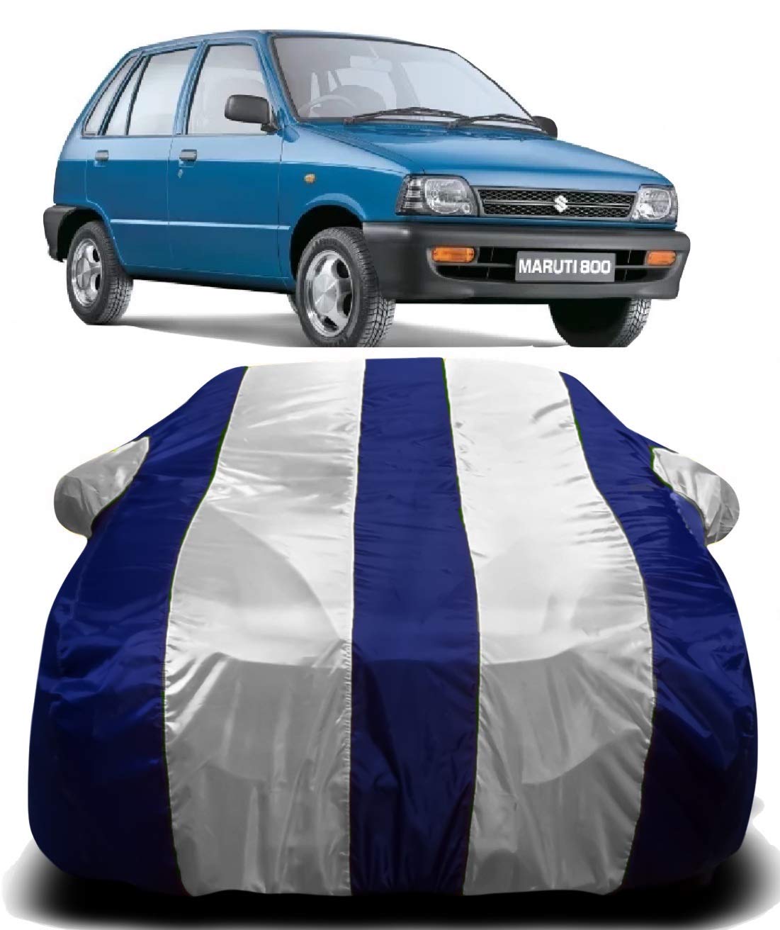 RAIN SPOOF 190T Imported Fabric Car Cover for Maruti Suzuki 800 with Ultra Surface Body Protection (White Stripes)
