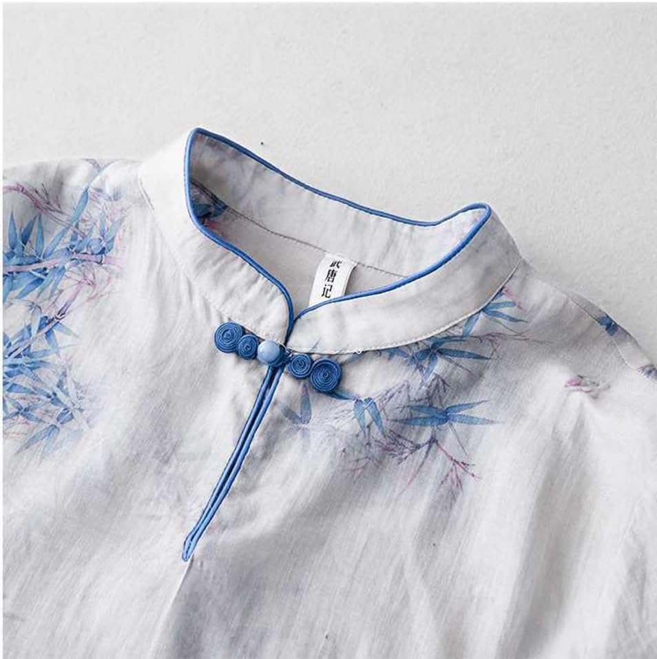 Artistical Cotton Mid-Length Hanfu Shirt for Women, Side Slit Loose Tang Suit Top Kung-fu Tai-chi Blouse