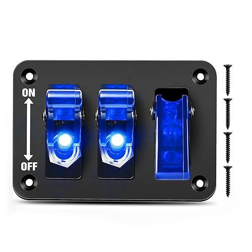 GOOACC Interruptor de palanca de 3 cuadras, panel de interruptor basculante de 12 V con luz LED y cubierta abatible, placa de interruptor de