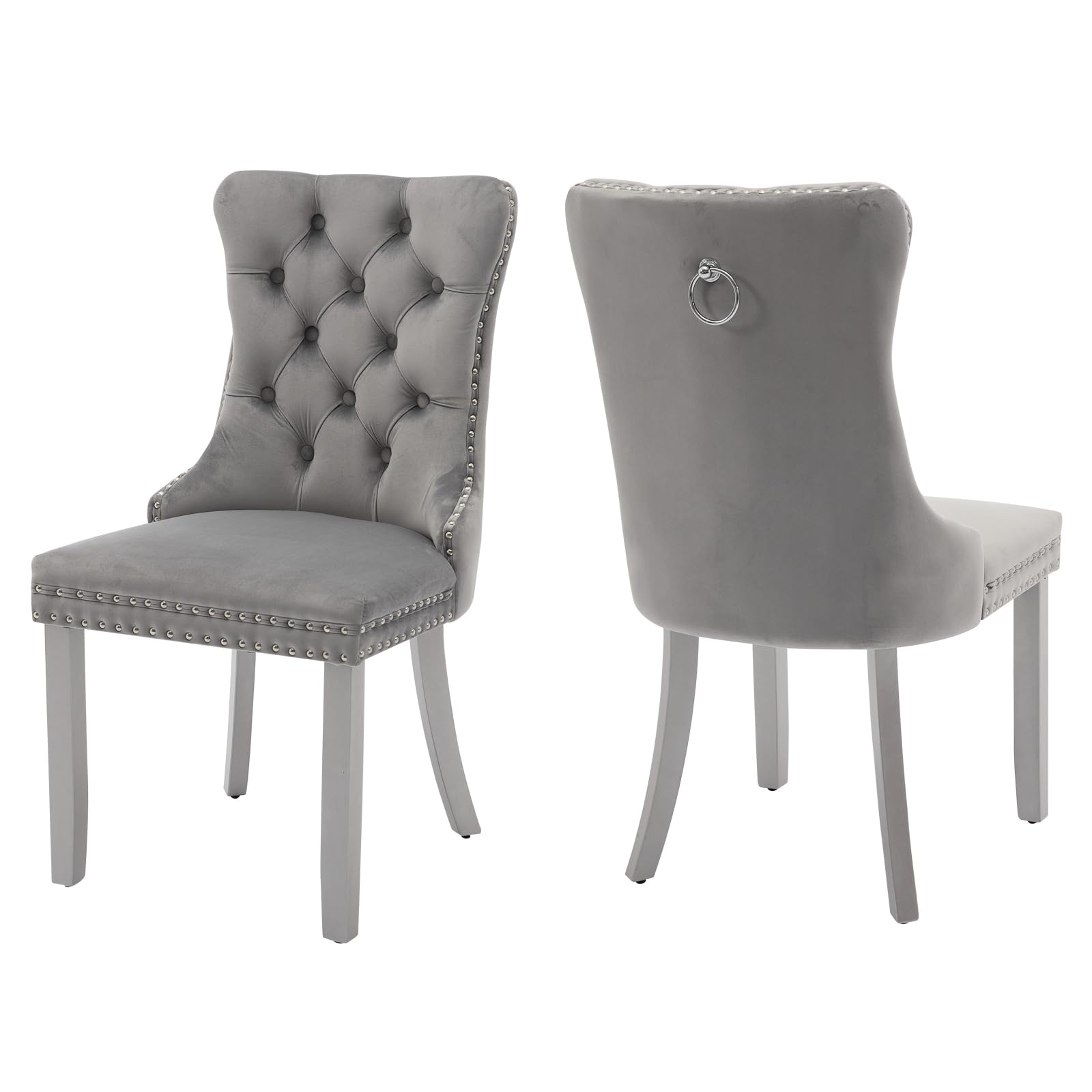 MZDOO Velvet Dining Chairs Set of 2, High-end Tufted Upholstered Dining Chair with Back Ring Pull, Nailhead Trim and Silver Solid Wood Legs, Modern