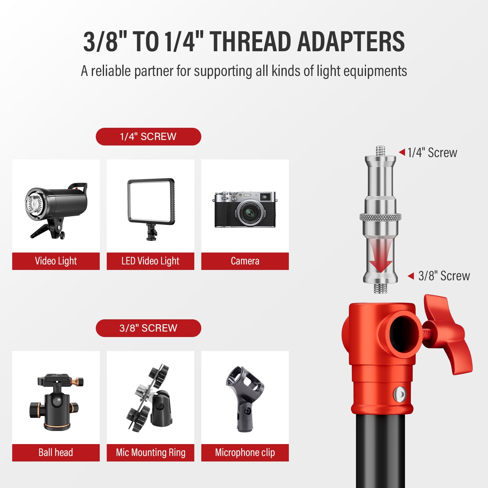 Heavy Duty Light Stand 280 cm Tutto Metallo Treppiede Stand Carico massimo: 10 kg di pressione dell'aria Buffer Fotografia Light Stand con 1/4 "a 3/8" vite adattatore per strobo, anello luce
