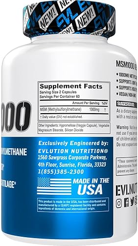Miniatura 2 de Evlution Nutrition MSM1000-1000 MG Suplemento MSM de metilsulfonilmetano  Apoyo a la salud de las articulaciones  Suplemento para cartílago  Vegano