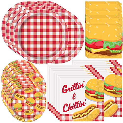 Unique Burger BBQ Picnic Party Supplies Bundle | Paper Plates and Napkins
