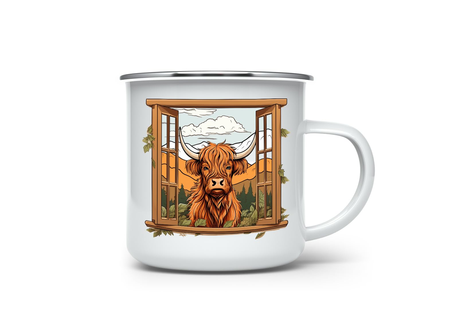 MAXIKIWI - Durable Enamel Coffee or Tea Camping Mug for Indoor Outdoor Use - Funny Highland Cow Outside The - 350ml