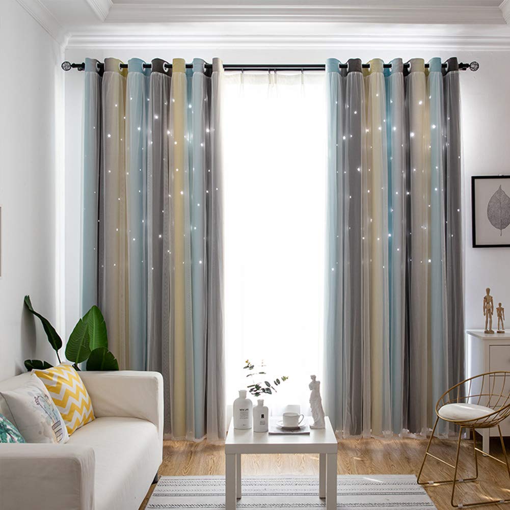 Rideau occultant gris W300xh270cm avec voile brodé pour adoucir la chambre des enfants