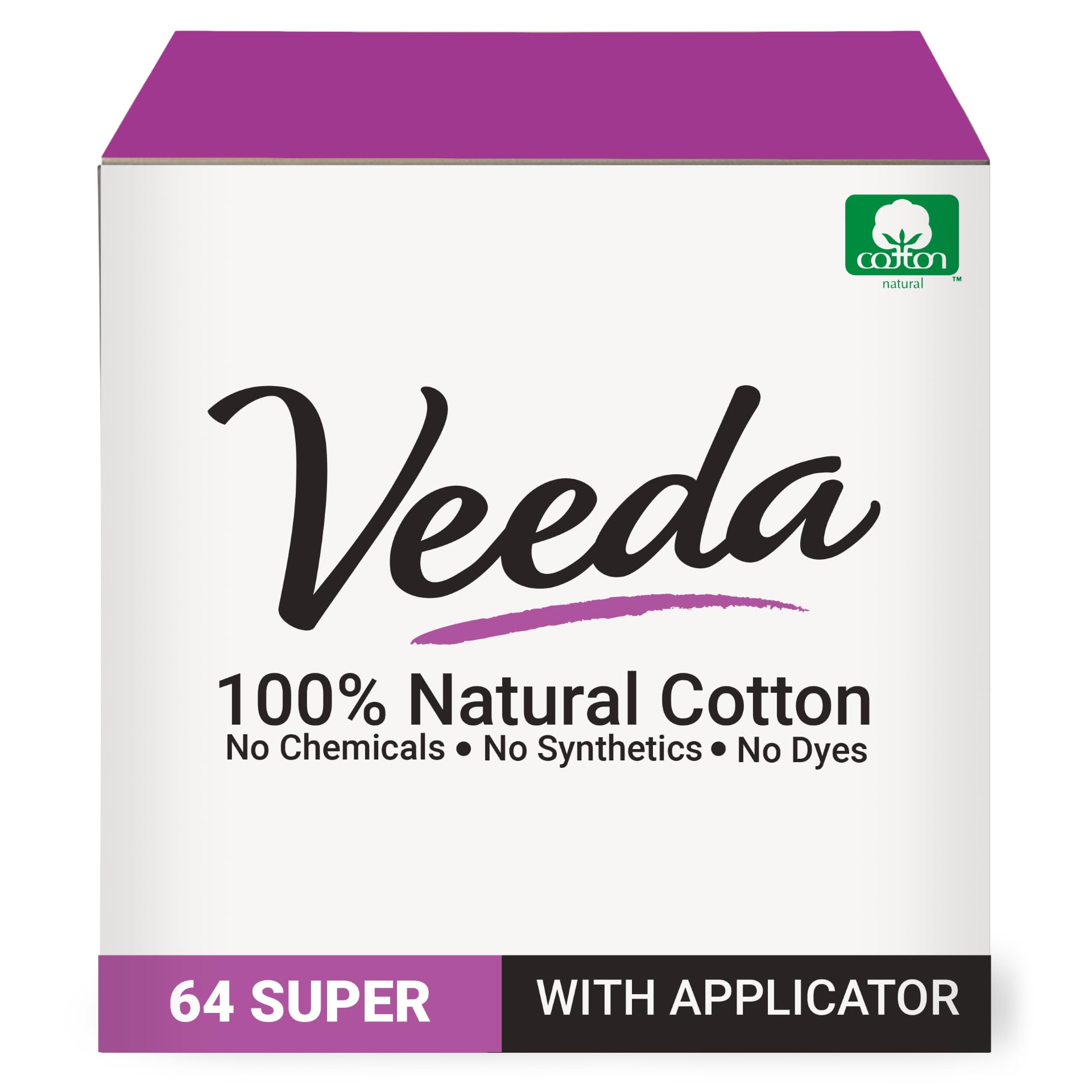 Veeda 100% Natural Cotton Tampons - Super Absorbency with Leak Proof Protection - Compact BPA-Free Applicator - Unscented &amp; Free from Chlorine, Toxin - 64 Count