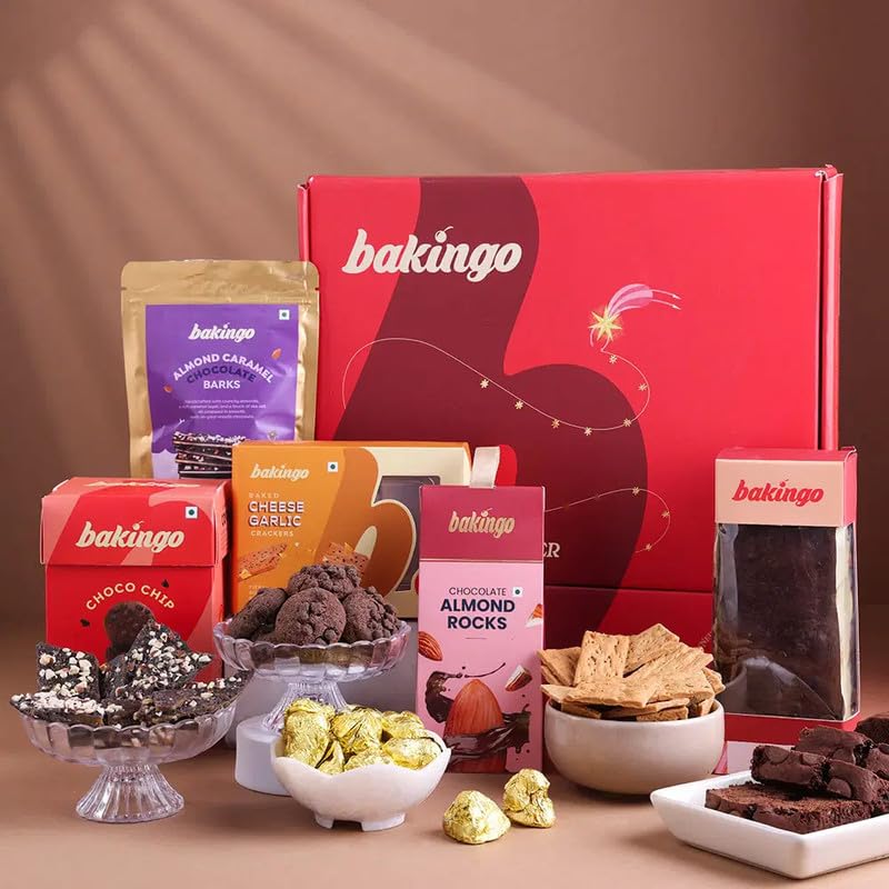 Bakingo Premium Gift Hamper of Chocolate Bark, Cheese Garlic Crackers, Choco Cookies, Tea Cake, Almonds Rock In Box For Birthday Gift, Anniversary Gift, Christmas Gift & New Year Gift (Same Day Delivery) Bakingo Premium Gift Hamper of Chocolate Bark, Cheese Garlic Crackers, Choco Cookies, Tea Cake, Almonds Rock In Box For Birthday Gift, Anniversary Gift, Christmas Gift & New Year Gift (Same Day Delivery)
