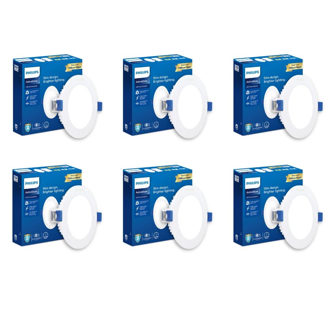 Philips Astra Glow 10-watt Round LED Downlighter | Recessed LED Downlight for False Ceiling | LED Ceiling Light for Home and Hall | Cut Out: 4 inch, Cool Day Light, Pack of 6