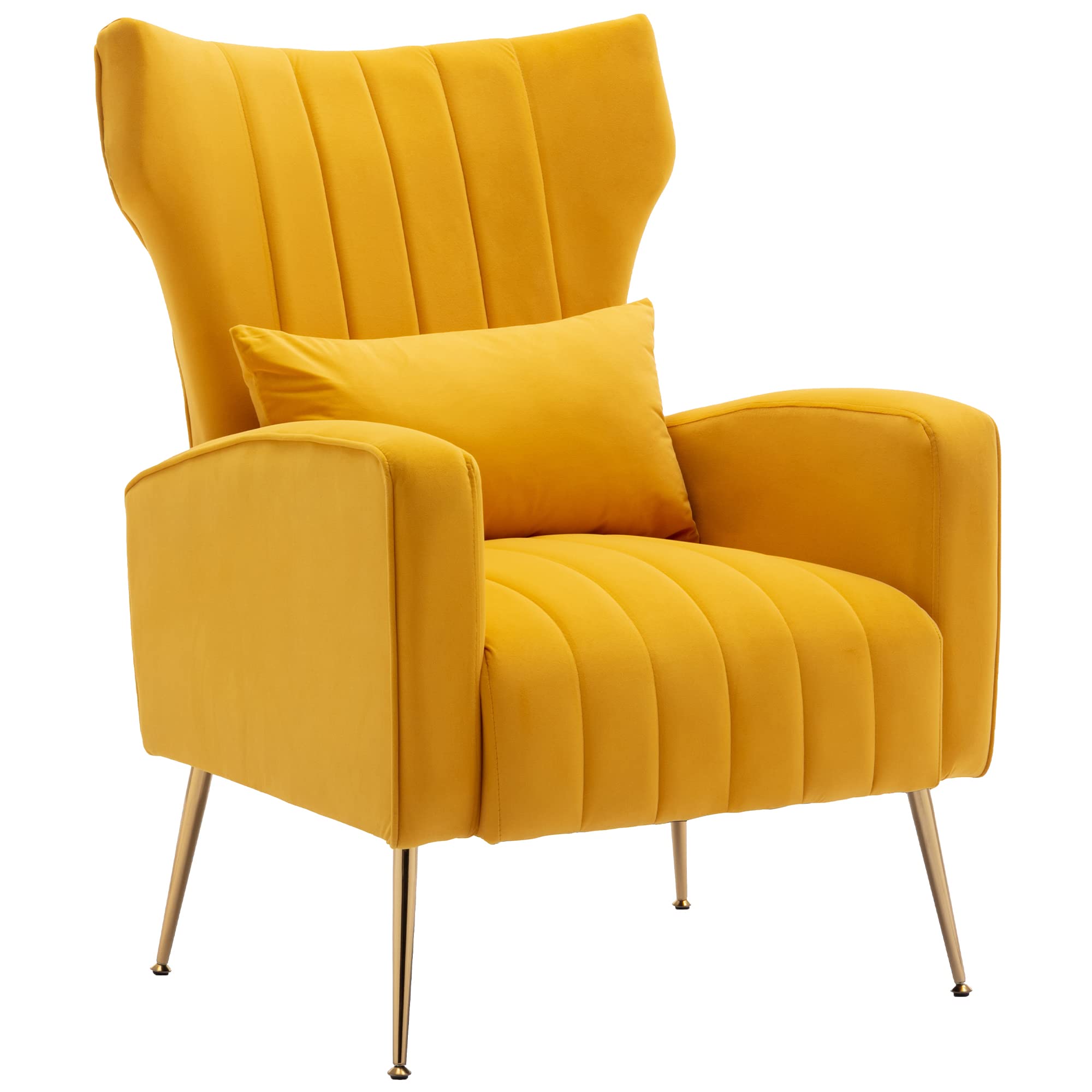 DM Furniture Modern Accent Chair Mid Century Velvet Armchair Wingback Single Sofa Side Chair Lounge Chairs with Gold Leg for Living Room Bed Room Foyer, Yellow