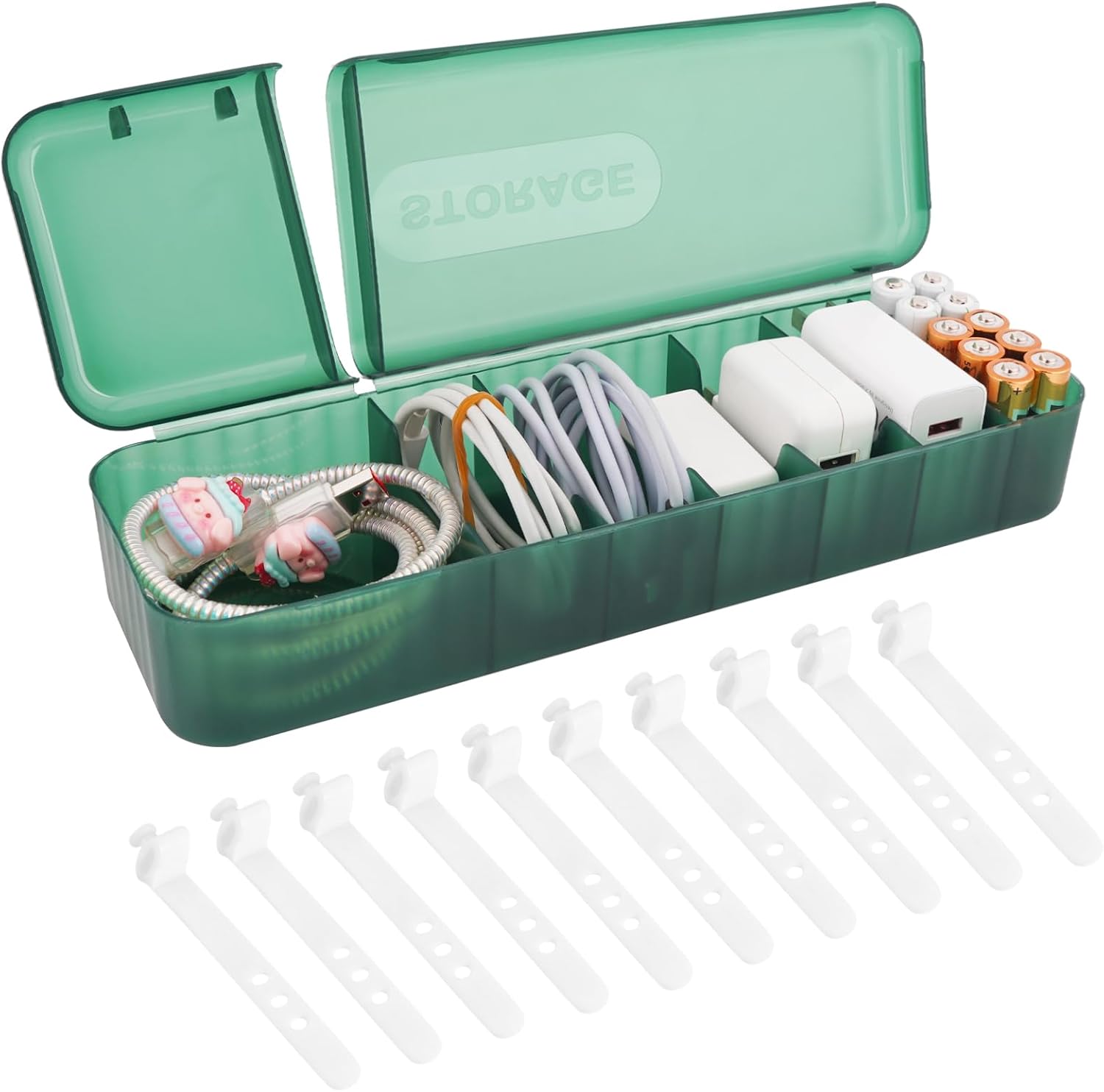 LUWOO Cable Organizer Box with 10 Wire Ties, Clear Charge Cord Management Cases with 7 Compartments, Desktop Drawer Organizer Storage Container, Wire Storage Box with Lid (Green)