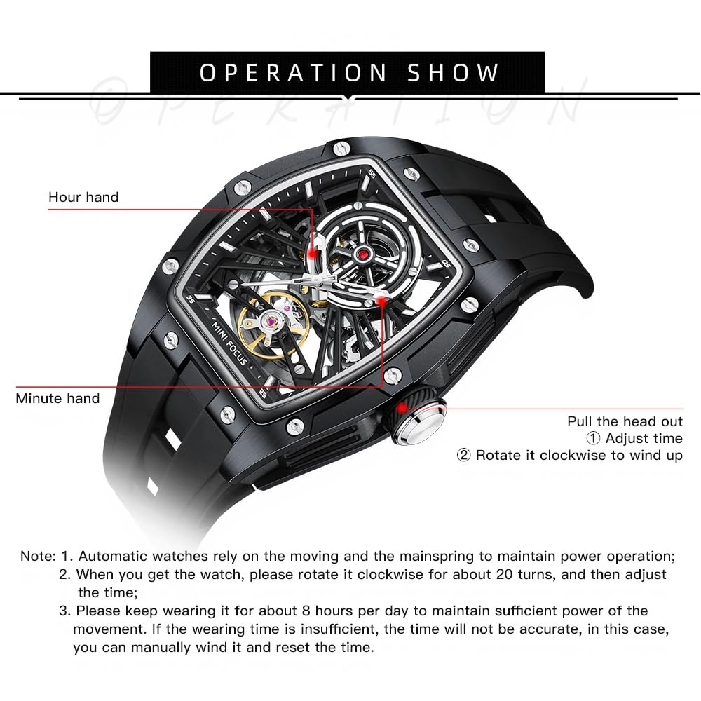 AIMES Montre automatique Tonneau de luxe squelette pour homme - Remontage automatique - Étanche - Analogique - Cadran carré - Grand cadran - Bracelet en silicone