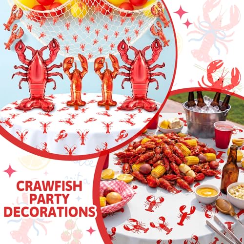 Image of Hahafelt 6 Pcs Crawfish Plastic Tablecloth 84 Inch White and Red Round Disposable Lobster Table Cover Circular Seafood Crayfish Table Cloth for Crawfish Boil Party BBQ Kitchen Decoration