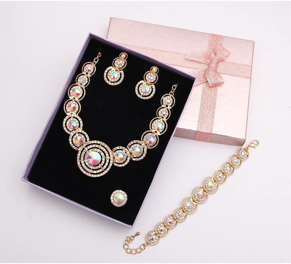 Women’s Wedding Bridal Austrian Crystal Circle Statement Necklace Dangle Earrings Bracelet Ring Jewelry Set