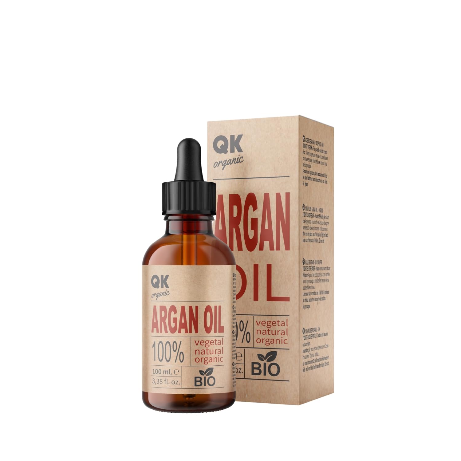 QKnatur - Aceite de ARGÁN 100% Puro Orgánico Vegano - 100 ml - Prensado en Frío - BIO - para Cuerpo, Rostro, Cabello, Uñas, Barba - Botella de Vidrio