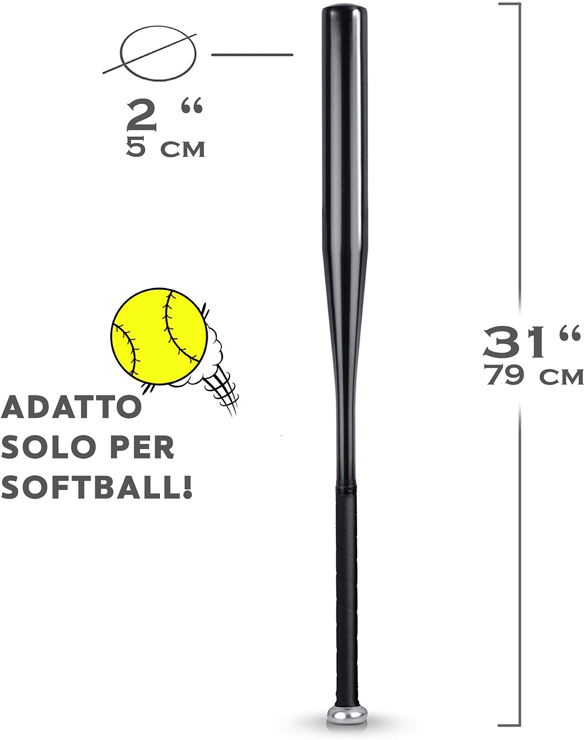 Heldenwerk Mazza da Baseball in Legno o Alluminio solidamente Realizzata Nero Impugnatura Antiscivolo 31