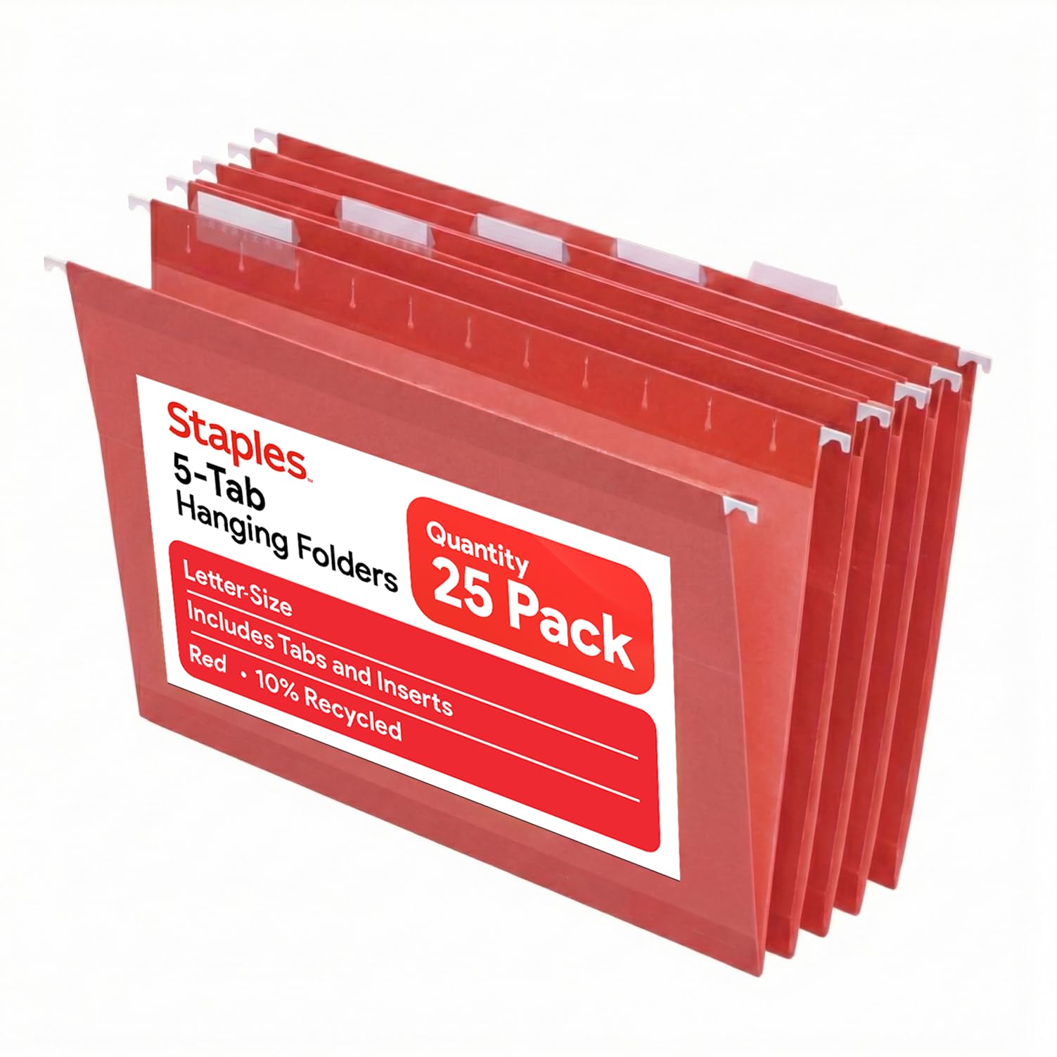 Staples Carpeta de archivos colgante, 5 pestañas, tamaño carta, rojo, 25 por caja