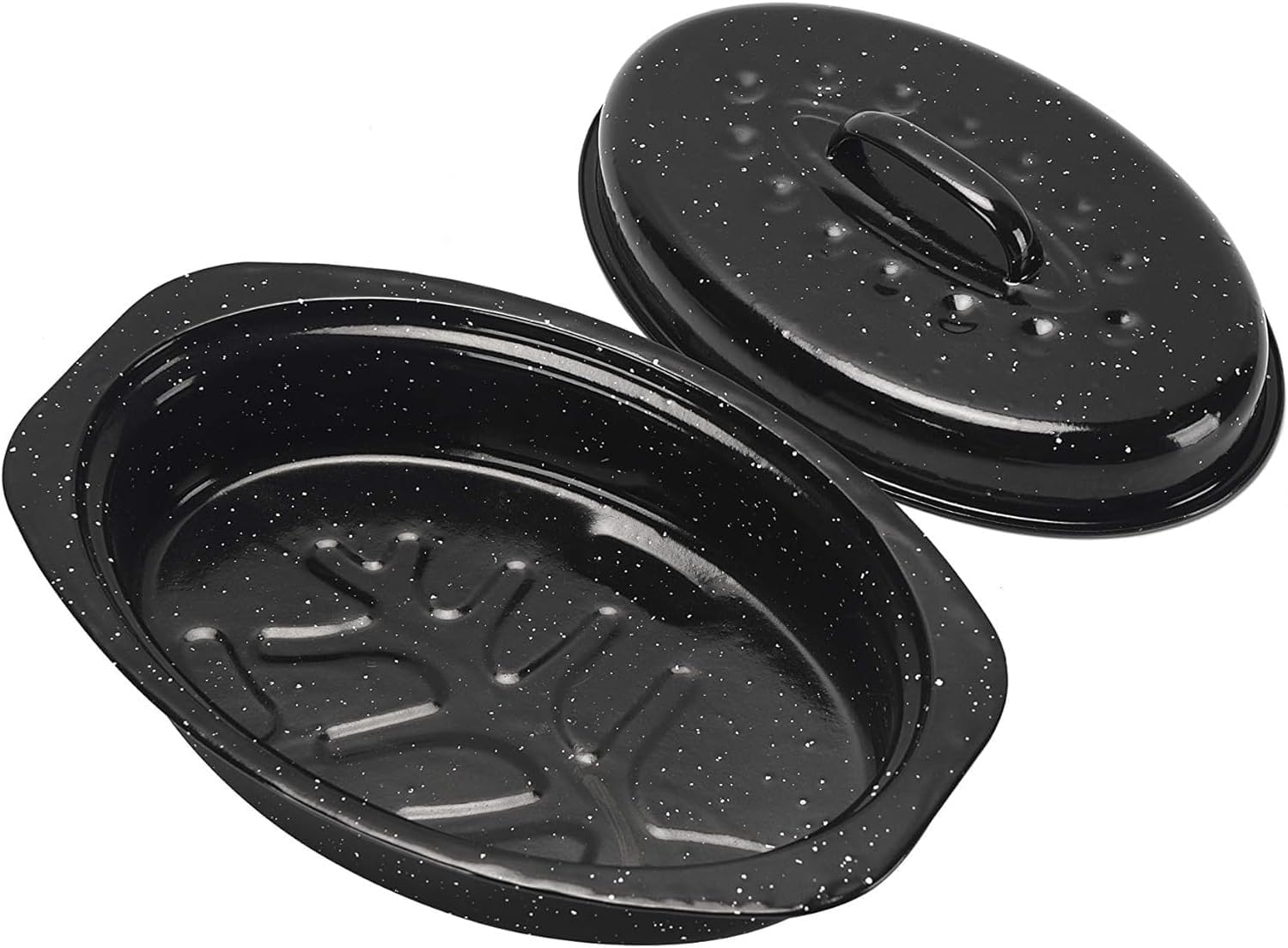 13 Inch Roasting Pan with Lid - Covered Oval Roaster - Enamel Carbon Steel Roaster Pot - Excellent Heat Distribution and Non-sticky - for Turkey Chicken Meat & Vegetables -Birthday and Holiday gifts