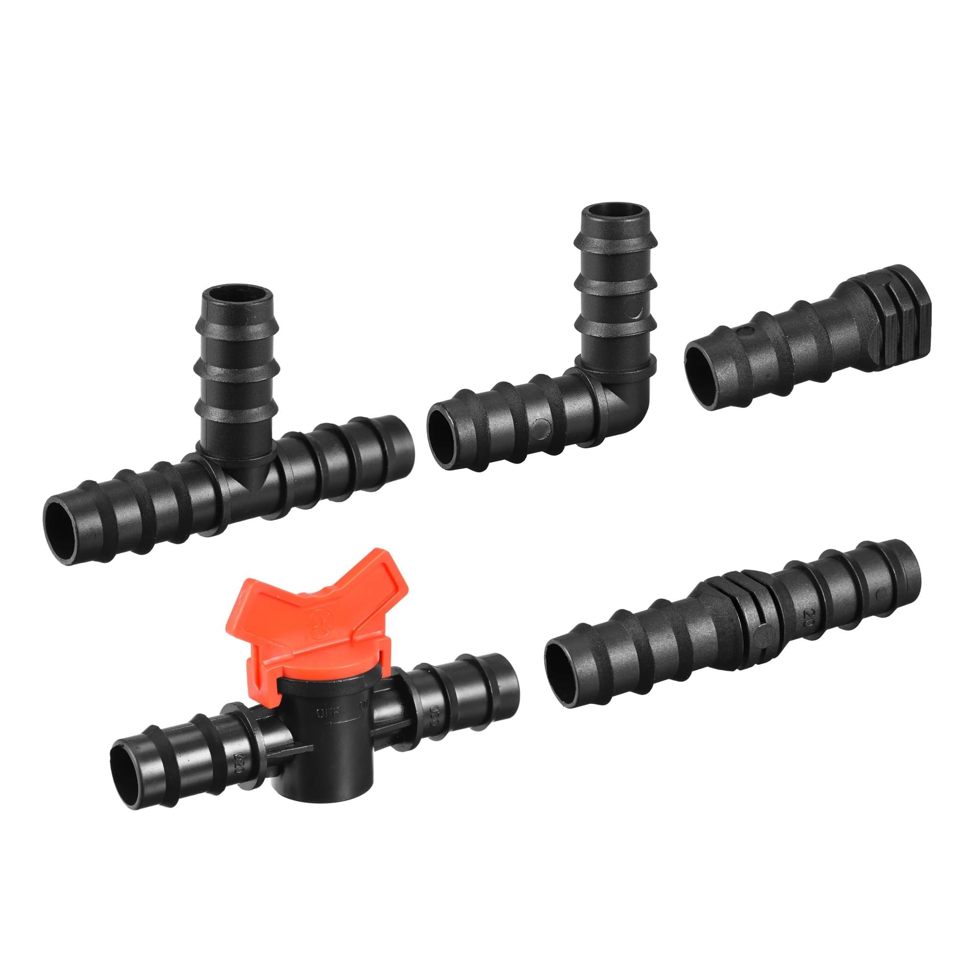 Kit de accesorios de riego con púas de 19,5 mm: tubo de goteo de 3/4", 8 tees/8 codos/8 extremos/2 válvulas, PE