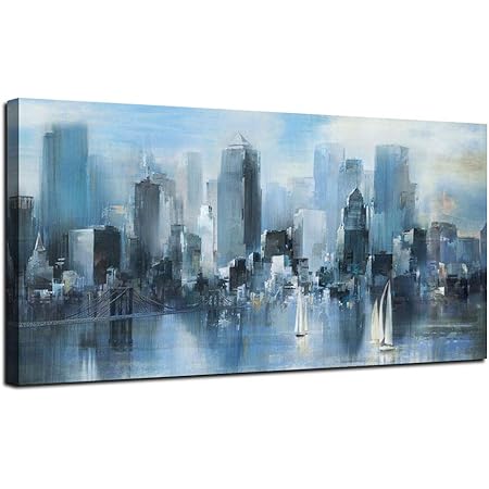Amazon Com Canvas Wall Art Abstract Painting Prints New York Skyline Reflection In Water Modern Canvas Artwork Panoramic Landscape Contemporary Wall Art Pictures Grey Blue For Home Office Decoration 20 X 40 Posters