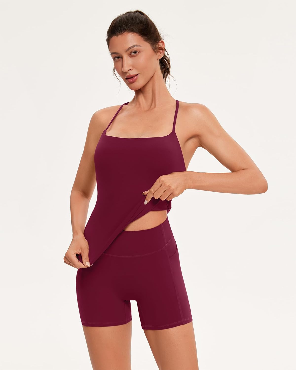 OMKAGI Workout Sets for Women Cute Spaghetti Strap Tank Tops Booty Shorts Outfits with Pockets - Image 3