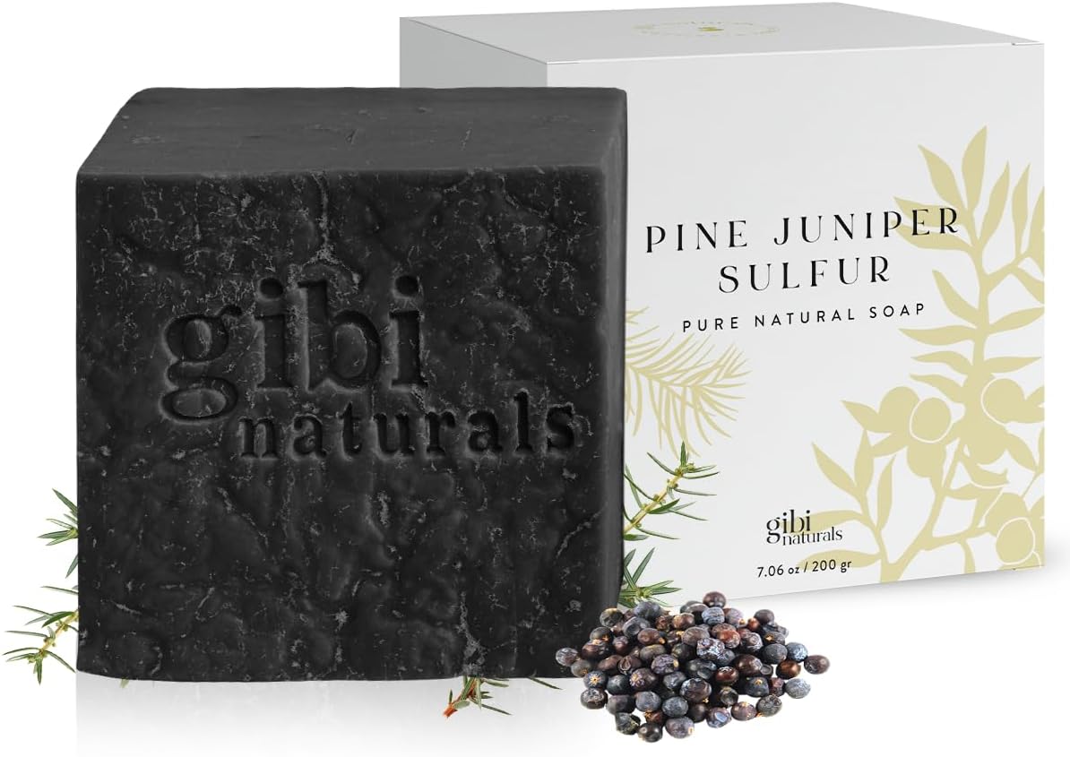 gibiPine Tar Soap Enriched with Juniper & Sulfur - 7.06 Oz Moisturizing Pine Tar Soap Bar for Face & Body - Soothes Skin - Pure Cleansing Soap for All Skin Types