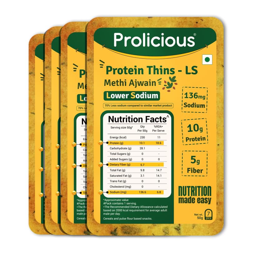 Image of Prolicious High Protein High Fiber Methi Ajwain Thins| No Plam Oil |Low Salt | Ideal for weightloss & PCOS | Healthy Snack | 50g each, Pack of 4