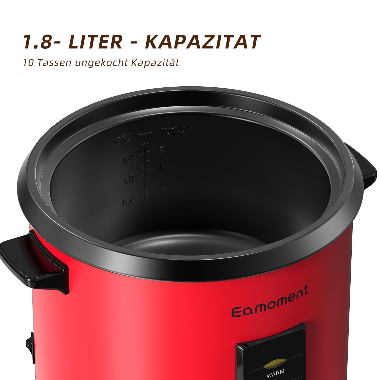 1.8L Arrocera y vaporizador negro, 700 W, funciones para cocinar arroz para 1 – 10 personas, olla extraíble antiadherente, vaso medidor y cuchara de arroz, rojo