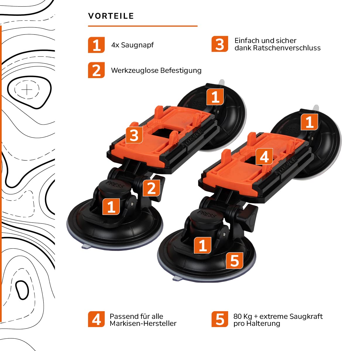 Cosador Universal Markisenhalterung mit 4 Saugnäpfen und Aufbewahrungsbeutel für Wohnmobile - Kompatibel mit Dometic, Fiamma, Thule, Tent Poles - UV- & Witterungsbeständig, Made in Germany