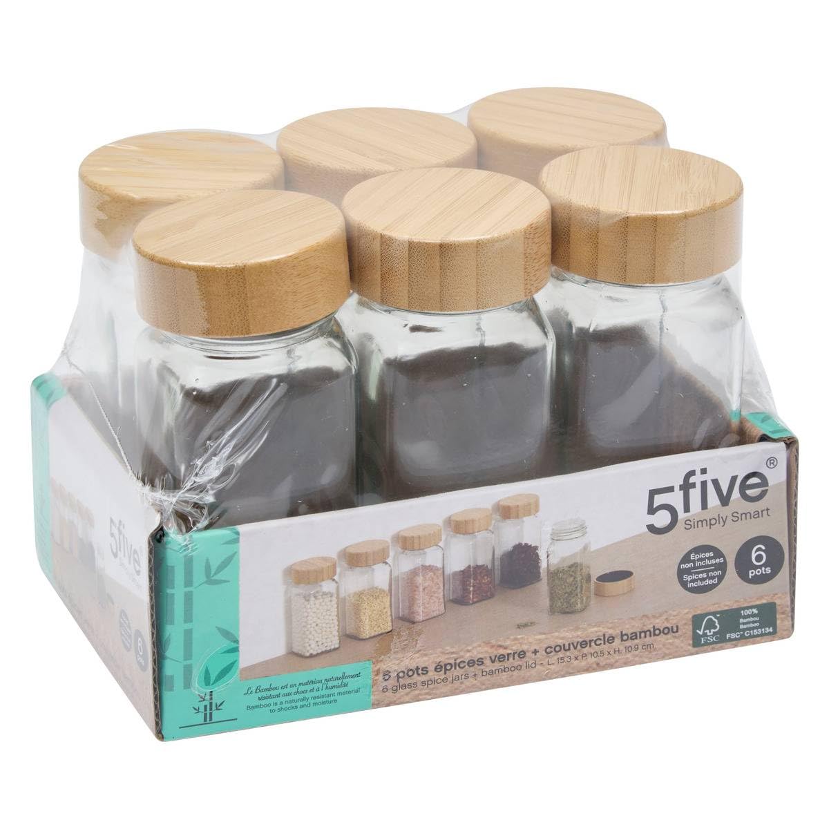 5Five - Lot de Pot à Épices Transparent en Verre et Bambou - Organisateur d’épices