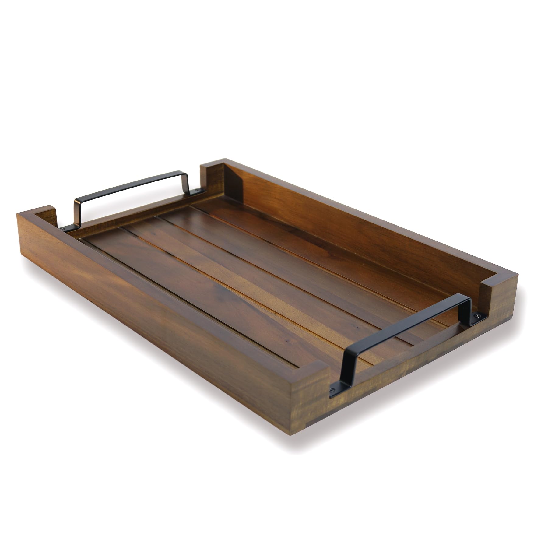 Lasungreen 17" x 11" Acacia Wood Serving Tray with Black Iron Handle. Coffee, Decorative, Whiskey, Wooden Tray for Kitchen, Living Room, Bedroom