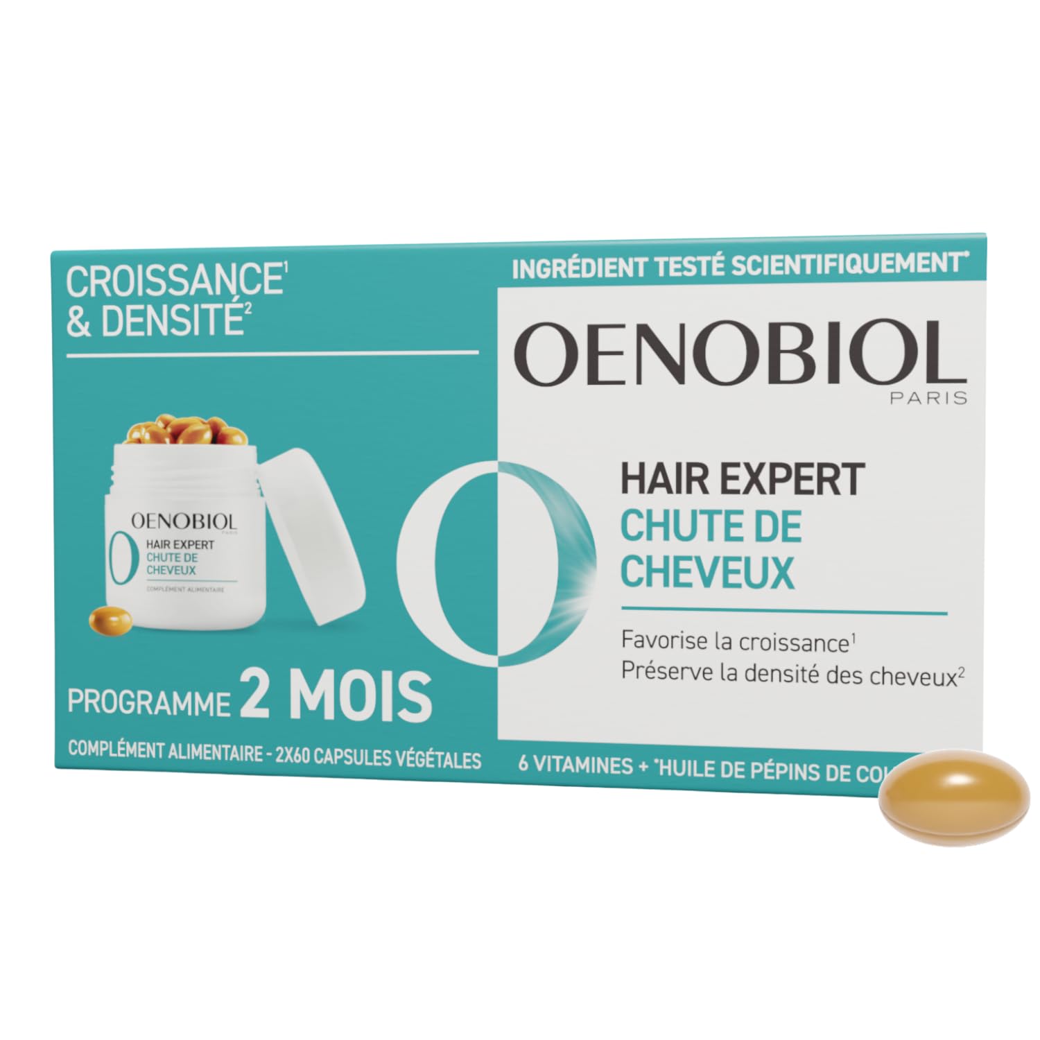 OENOBIOL HAIR EXPERT Chute de Cheveux - Nouvelle formule concentrée - Favorise la croissance - Préserve la densité des cheveux -Complément alimentaire 2x60 capsules-Programme 2 mois