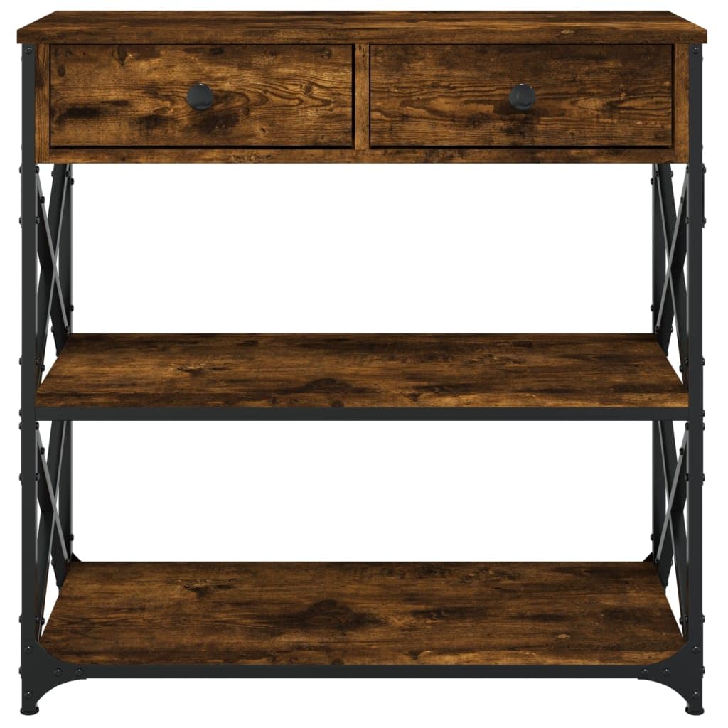 Stolik konsolowy, dąb wędzony, 75 x 28 x 75 cm, materiał drewnopochodny z metalową ramą, miejsce do przechowywania, do korytarza, salonu, biura, stabilne, regulowane nogi, oszczędność