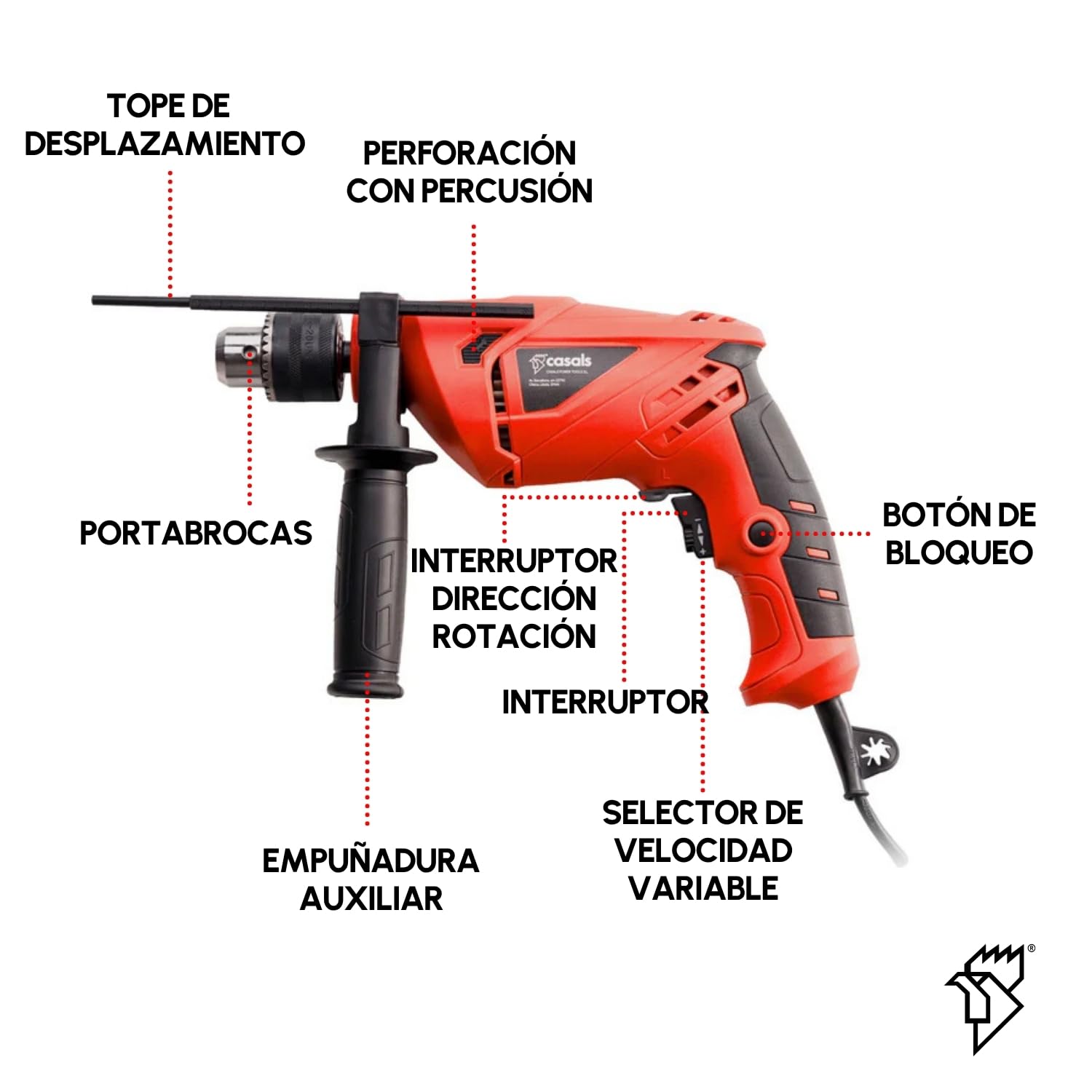 Casals - Taladro Atornillador Percutor 500W | 3000RPM | Portabrocas 13mm | Capacidad Máxima Perforación 10mm Acero / 24mm Madera / 13mm Hormigón | Revestimiento Ergonómico | 1.8m Cable