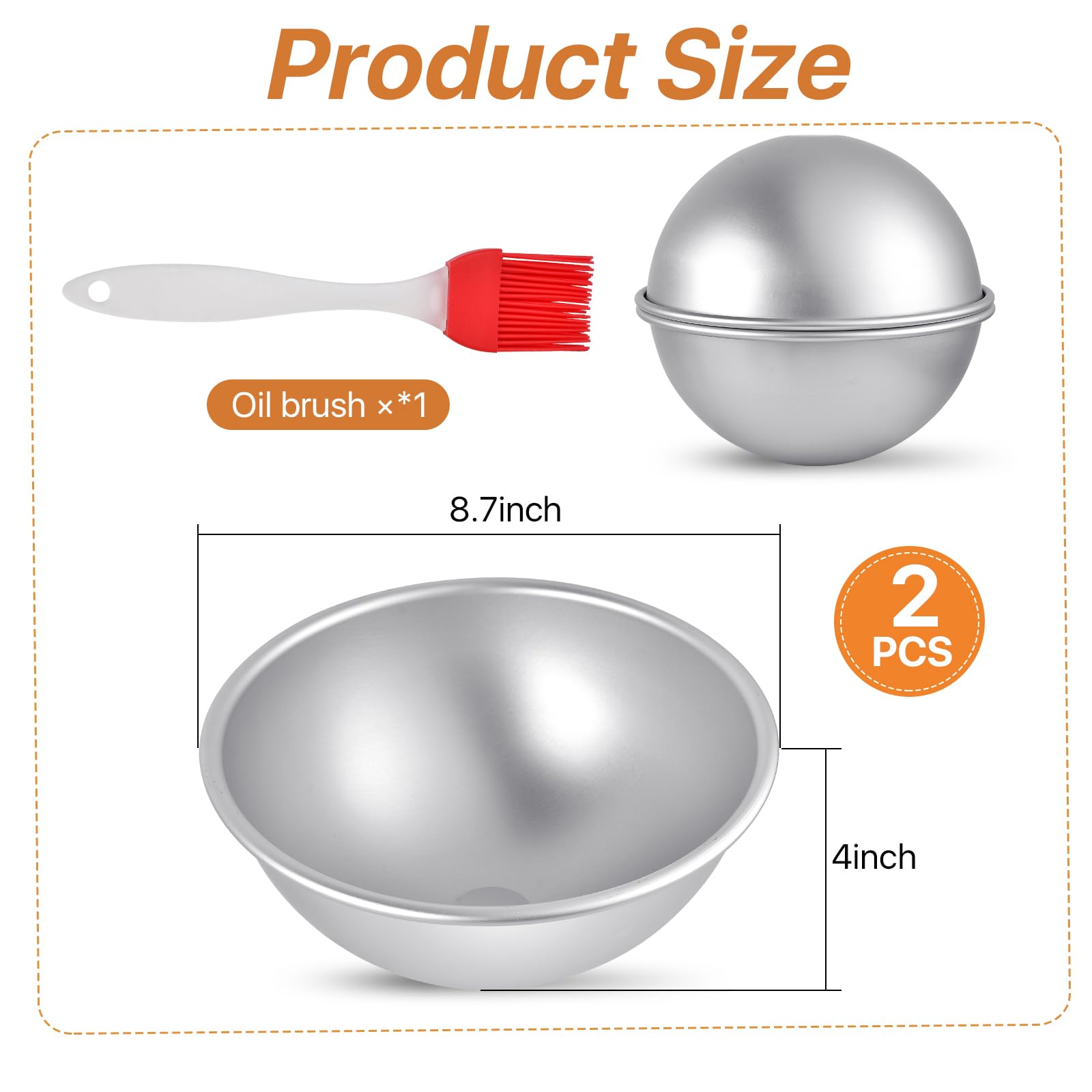 Lot de 2 moules à gâteau hémisphère en aluminium de 20,3 cm, antiadhésifs 3D de forme ronde pour la pâtisserie, moule à gâteau demi-boule sphérique pour anniversaire, mariage, bricolage,