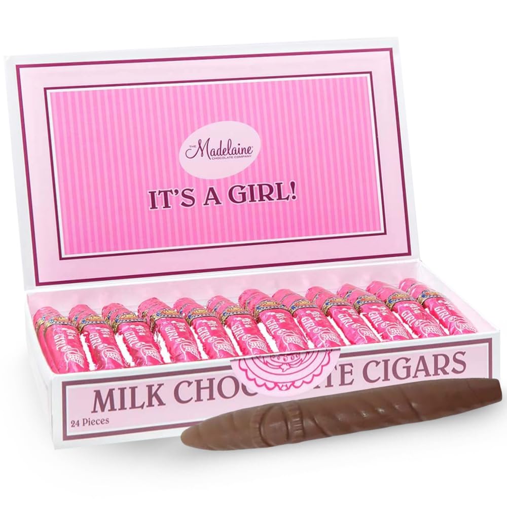 Madelaine Solid Premium Milk Chocolate Cig It's a Girl Baby Shower Favors Gift Box - Made with Cocoa Bean & Swiss-Formulated Chocolate - 24 Count Individually Wrapped in an Elegant Hard Box