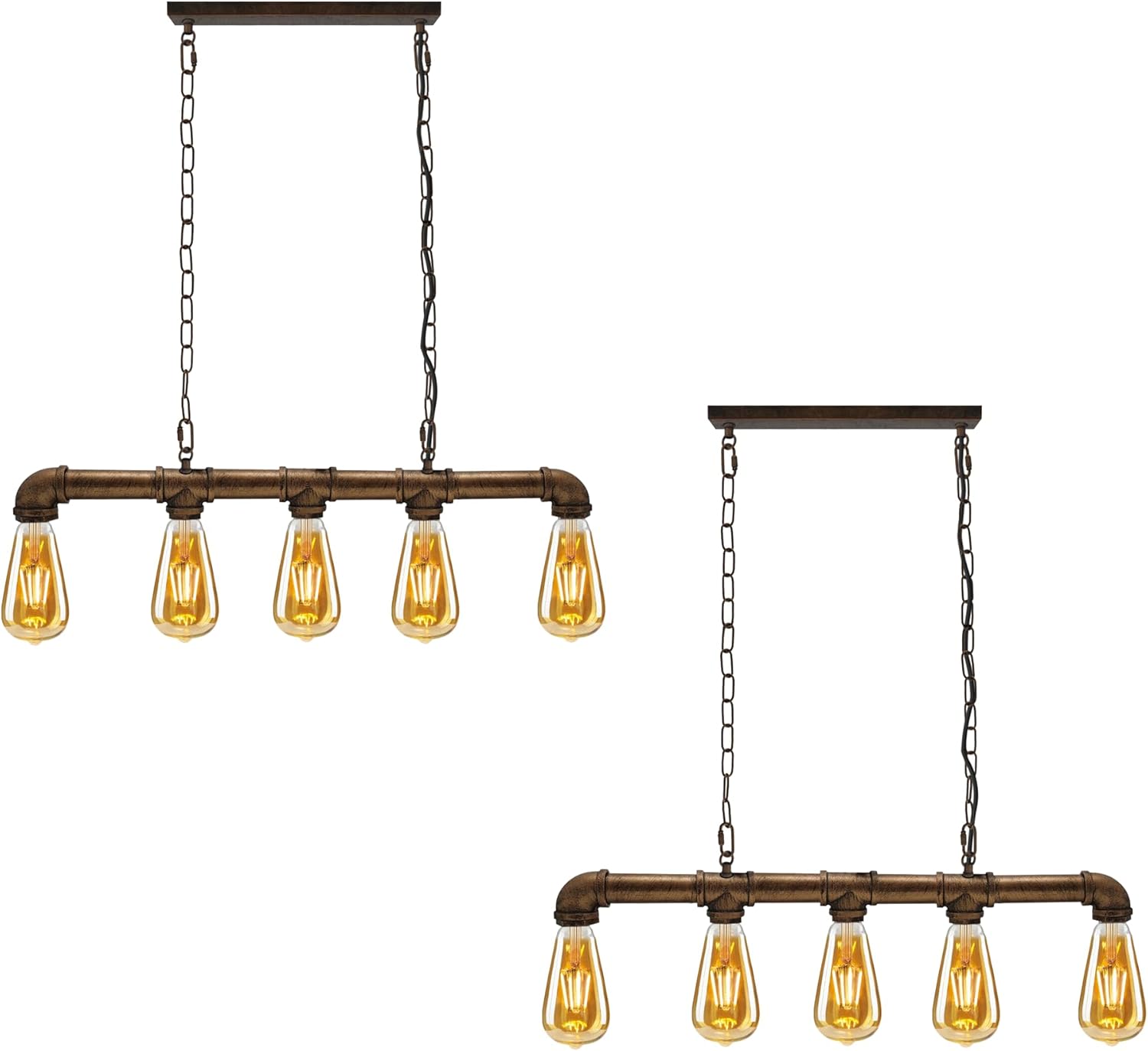 5-Lights Industrial Vintage Water Pipe Pendant Light,Retro Metal Steampunk Water Pipe Shaped Hanging Drop Pendant Light, E26 Hanging Light for Kitchen Island Living Room.(2 Pack)