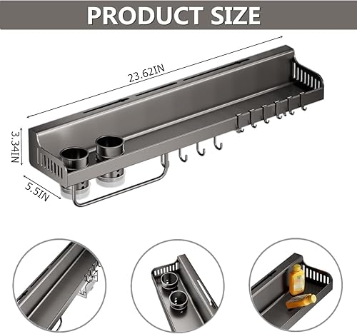 Miniatura 3 de Estante para utensilios de cocina montado en la pared con ganchos para montaje en pared, acero inoxidable, estante colgante de pared para cuchara de
