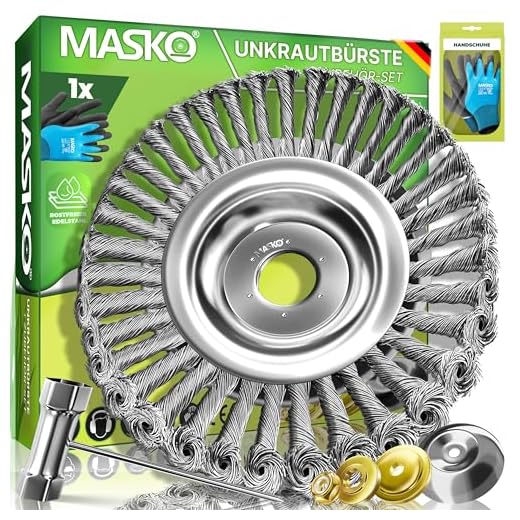 MASKO® Unkrautbürste für Freischneider & Motorsense | Wildkrautbürste 25,4 & 20mm Bohrung | Drahtbürste zur effektiven Unkrautentfernung kompatibel mit Stihl | Edelstahl Bürste inkl Montagezubehör-Set