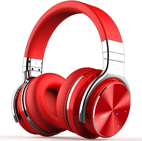 cowin E7 PRO [Upgraded] Active Noise Cancelling Headphone Bluetooth Headphones with Microphone Hi-Fi Deep Bass Wireless Headphones Over Ear 30H Playtime for Travel Work TV Computer Phone-Red