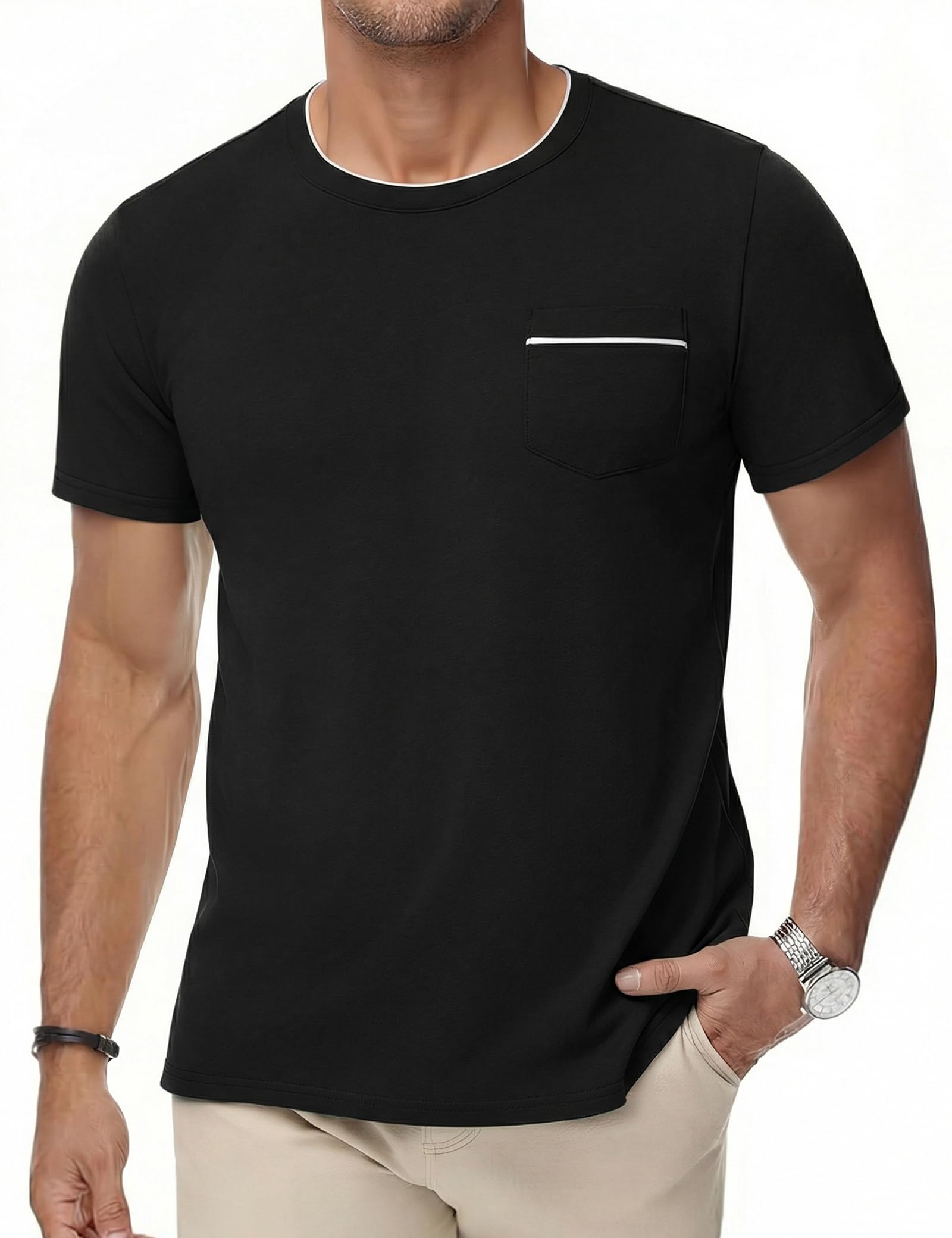 iClosam T Shirt Herren Baumwolle Kurzarm Rundhals T-Shirts für Herren mit Brusttasche Freizeit Sommer Top Color-Blocking Ärmeln S-3XL